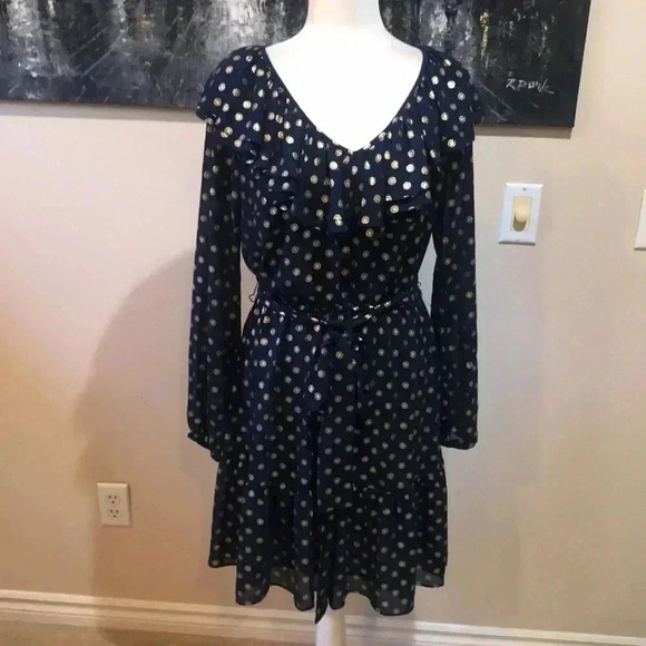 NWT Michael Kors Navy Blue/ Gold Floral Pattern Belted Tie Waist Ruffle Dress-M - Picture 1 of 12